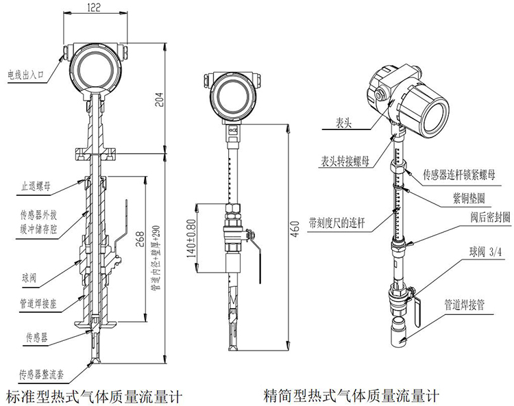 甲烷热式气体质量流量计插入式结构尺寸图