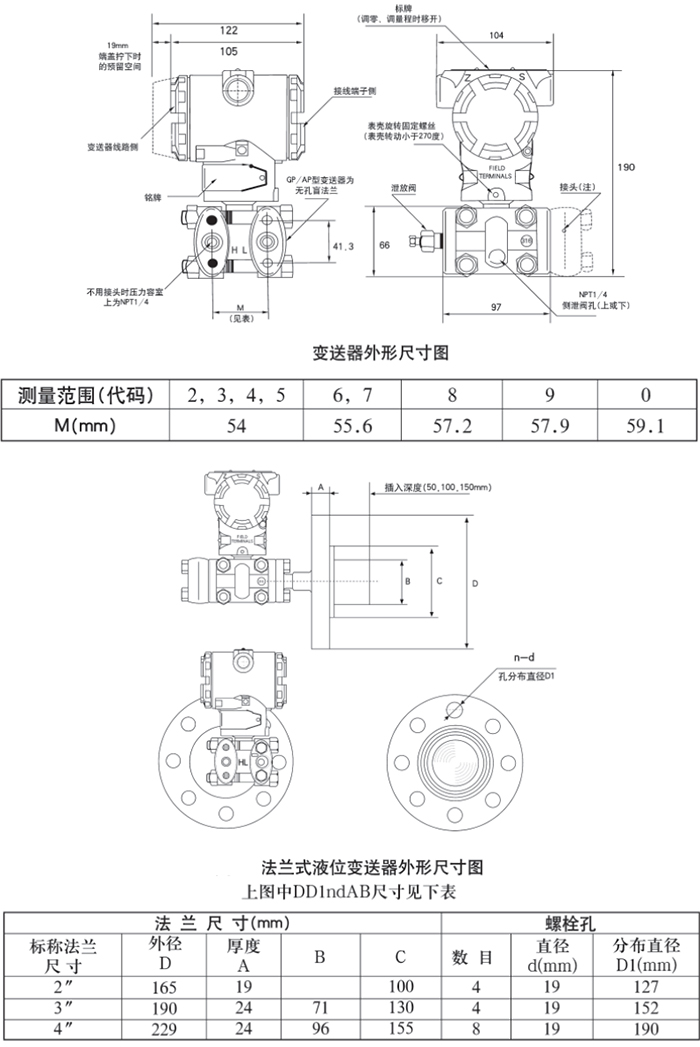 扩散硅差压变送器规格尺寸表